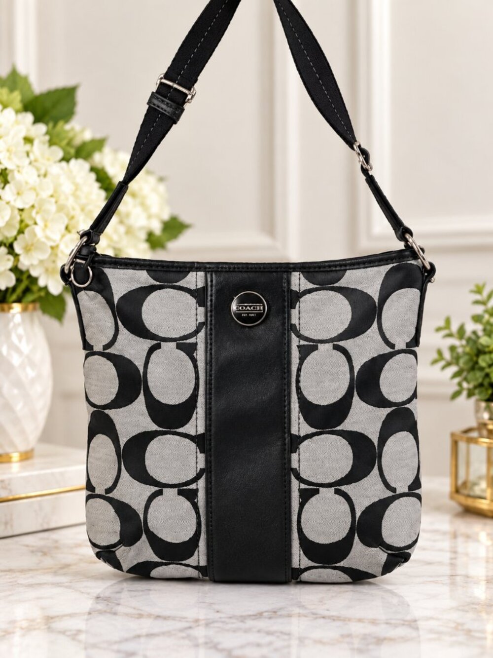 Coach Signature Black & Gray Jacquard Crossbody Shoulder Bag Adjustable - F21905